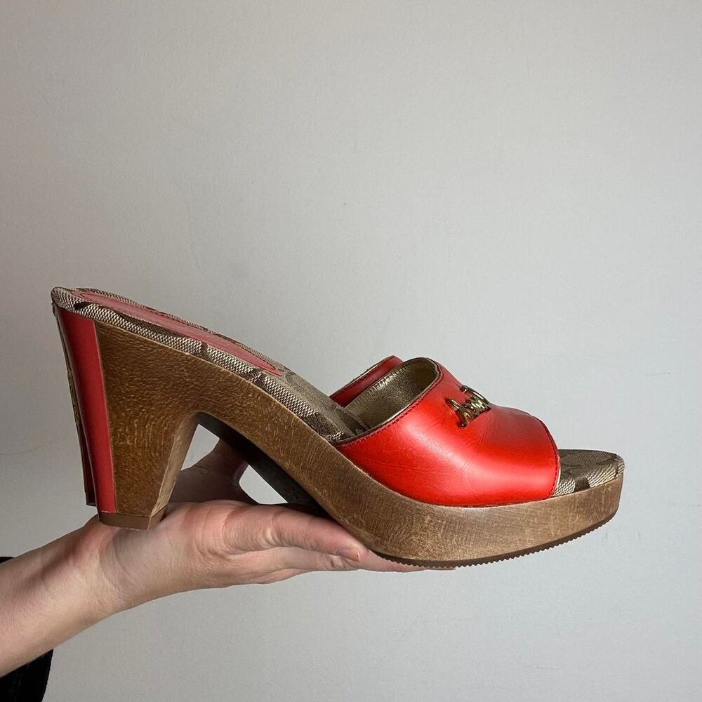 Coach Vintage Y2K Brown and Red Orange Signature C Monogram Wooden Sandals - Picture 4 of 7